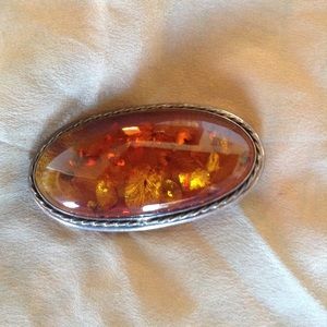 Poland Solid Amber & Sterling Silver Brooch💛